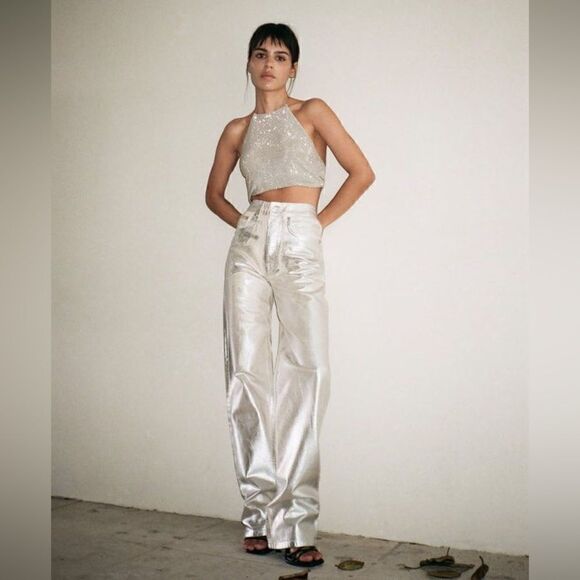 NWT Zara Metallic Silver Jeans - Picture 3 of 12